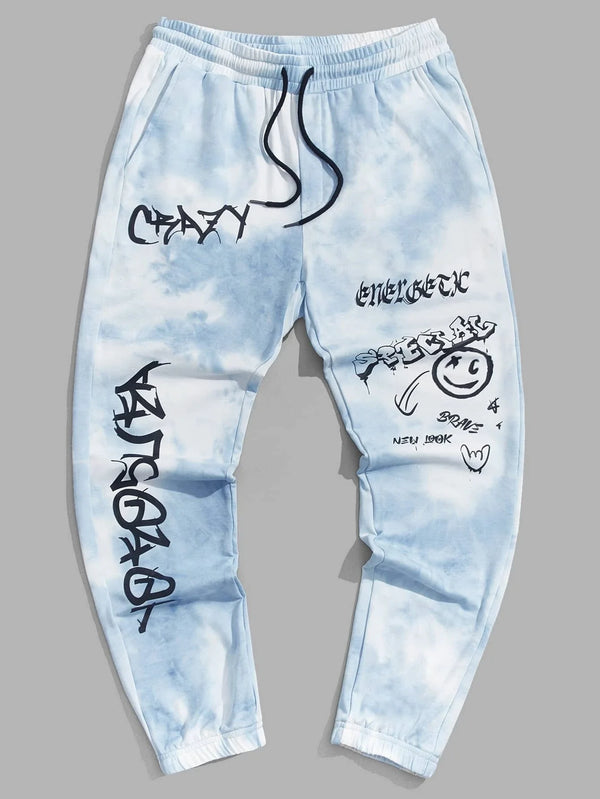 Men's drawstring sweatpants with graphic phrases and cartoons