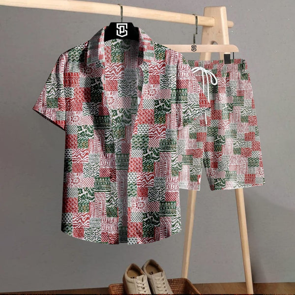 Mens Summer Holiday Revere Collar Tropical Leaf Pattern Baroque Two Piece Outfits