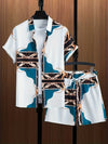 Men's Vintage 2Pcs Outfits, Retro Chain & Floral Graphic Print Shirt & Shorts Set For Summer, Plus Size