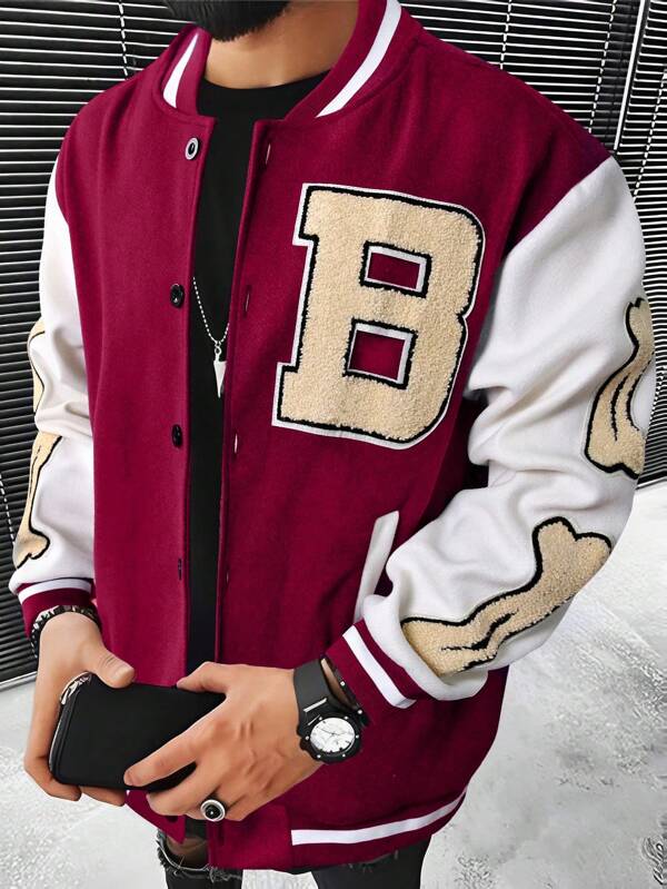 Manfinity EMRG Men's Varsity Jacket with Striped Hem and Letter Applique